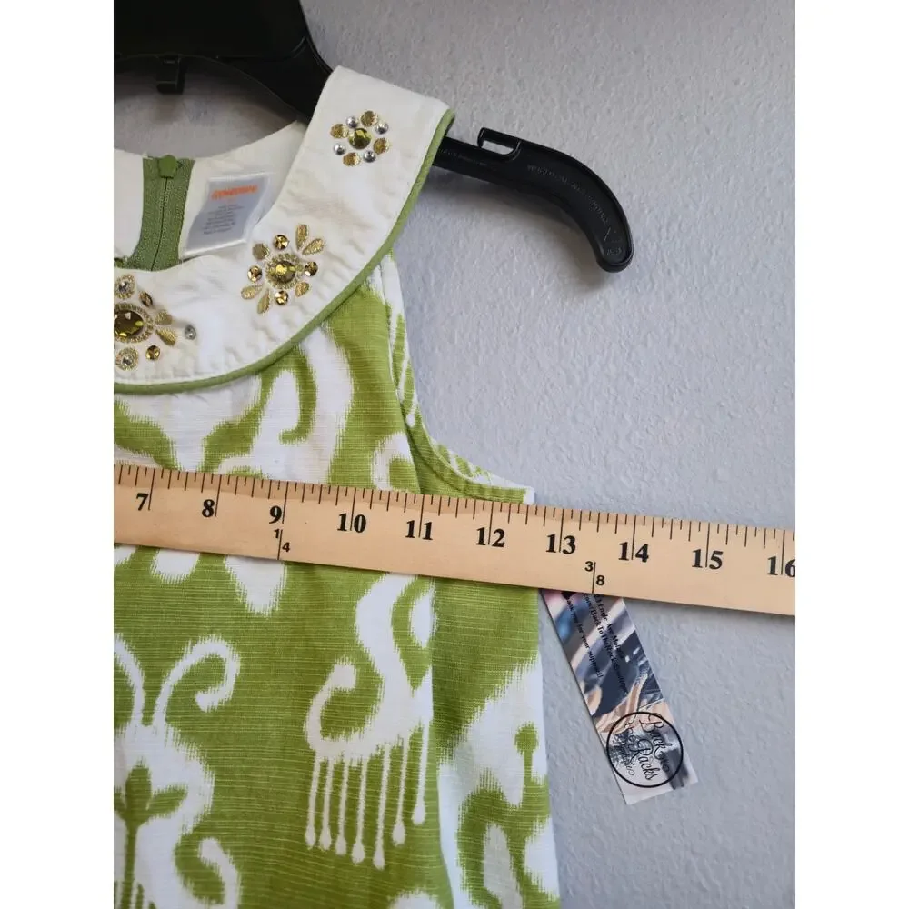 Gymboree Girls Green White‎ Ikat Bejeweled Collar Sleeveless Dress Size 8 2010=0